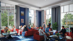 A rendering shows Ole Miss alumni relaxing inside the new Triplett Alumni Center.