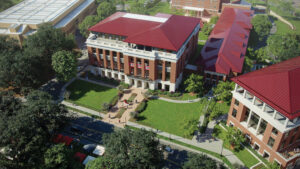 An aerial view of the new Triplett Alumni Center.