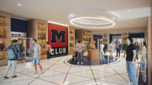 A rendering shows the M Club space inside the new Triplett Alumni Center.